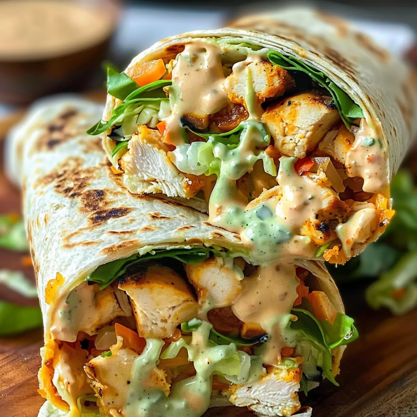 A grilled Chipotle Ranch Grilled Chicken Burrito cut in half, showing its juicy filling.