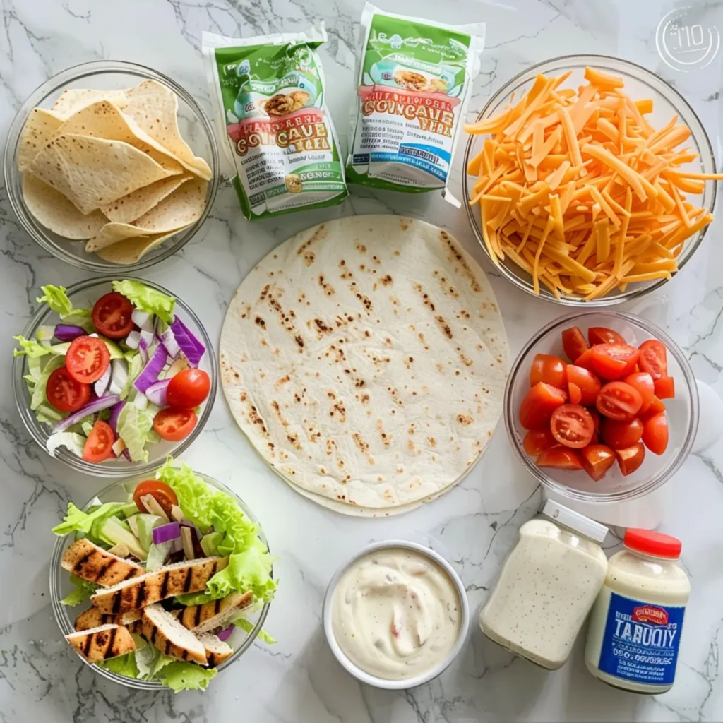 A top-down view of fresh ingredients for making a Chipotle Ranch Grilled Chicken Burrito, including tortillas, grilled chicken, cheese, and sauces.