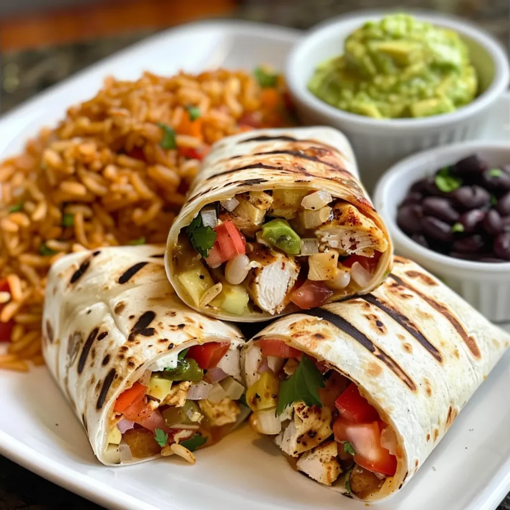 Chipotle Ranch Grilled Chicken Burrito-A Chipotle Ranch Grilled Chicken Burrito with sides of rice, beans, and chips.