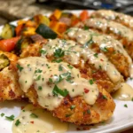 Parmesan Crusted Chicken with Creamy Garlic Sauce on a plate.