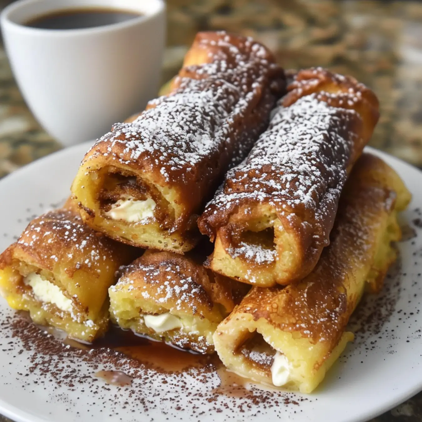 Cinnamon Roll French Toast Roll-Ups with cream cheese glaze.