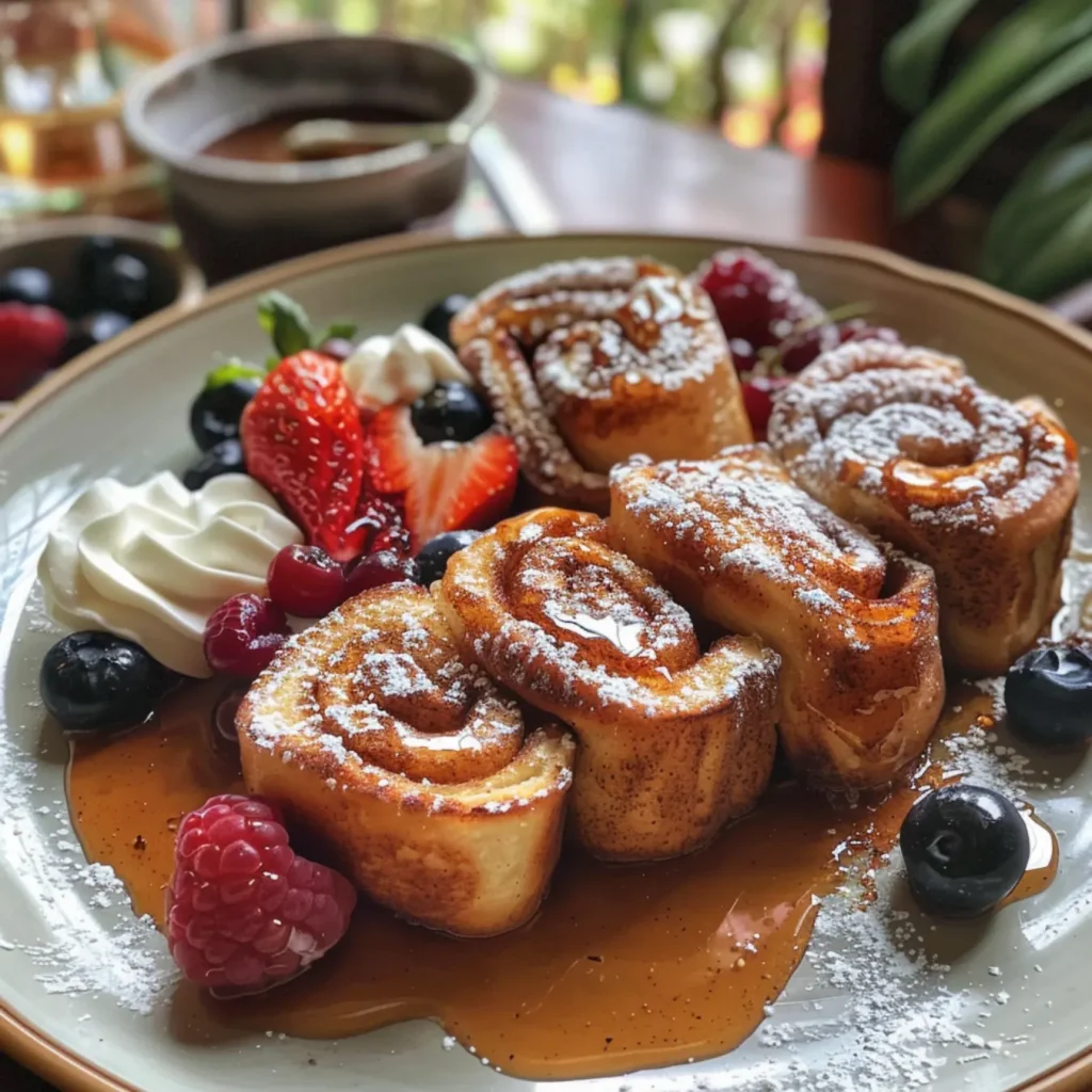 Cinnamon Roll French Toast Roll-Ups with maple syrup and berries.